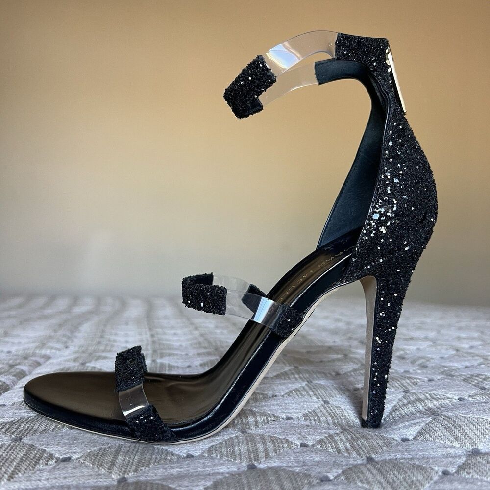 Tamara Mellon Frontline Black Glitter Crystal Heeled Sandals US 7 EU 37.5 Formal